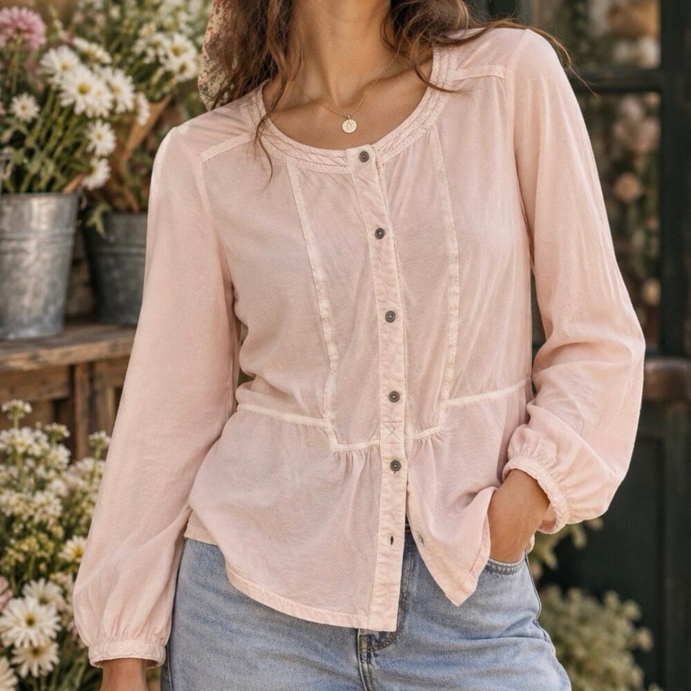 Wrap London Baby Pink Long Sleeve Button Down Organic Cotton Hemp Top Size Med